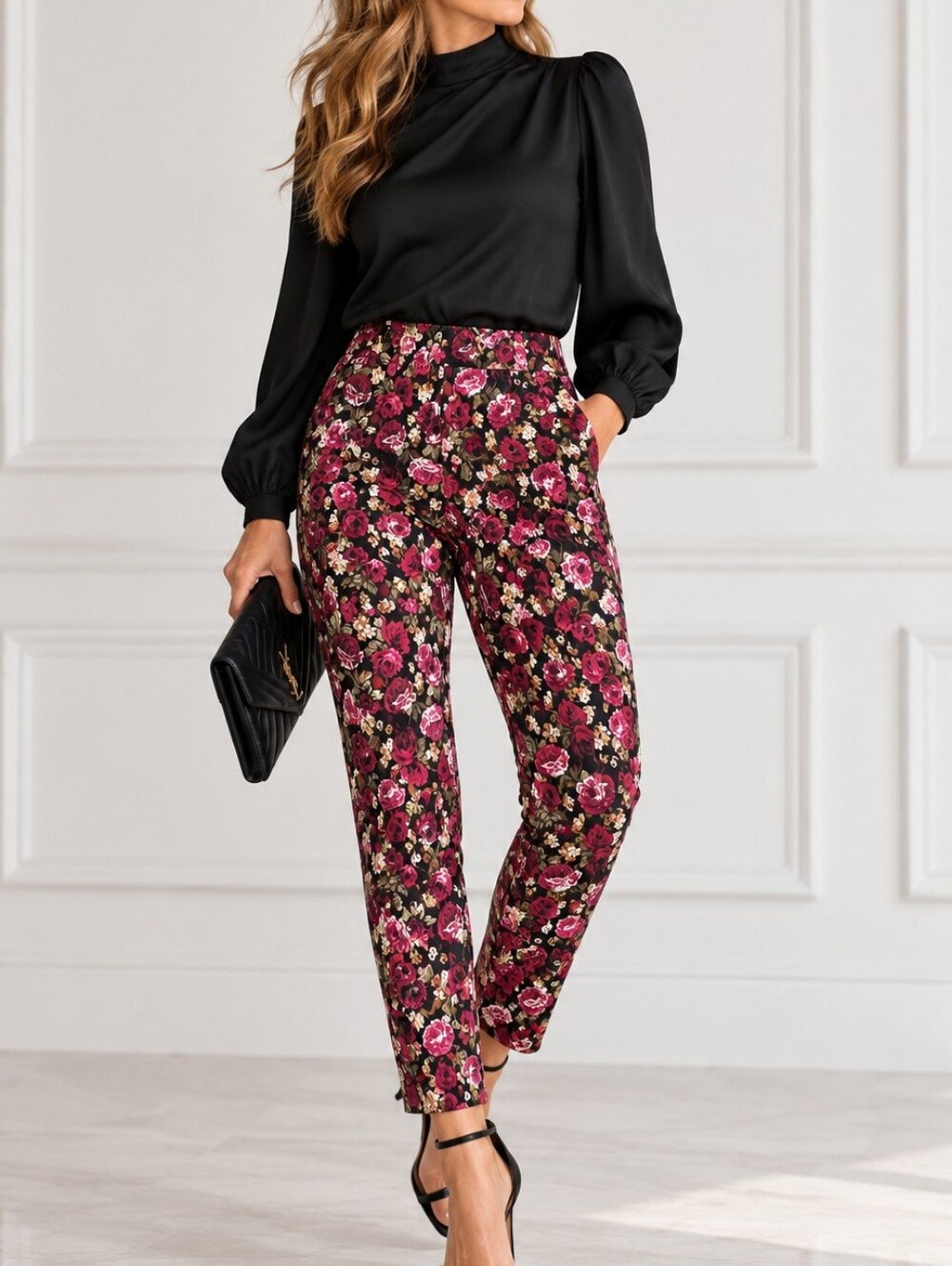 Floral High-Rise Slim Pants in Rose And Black. Stretch Fabric.